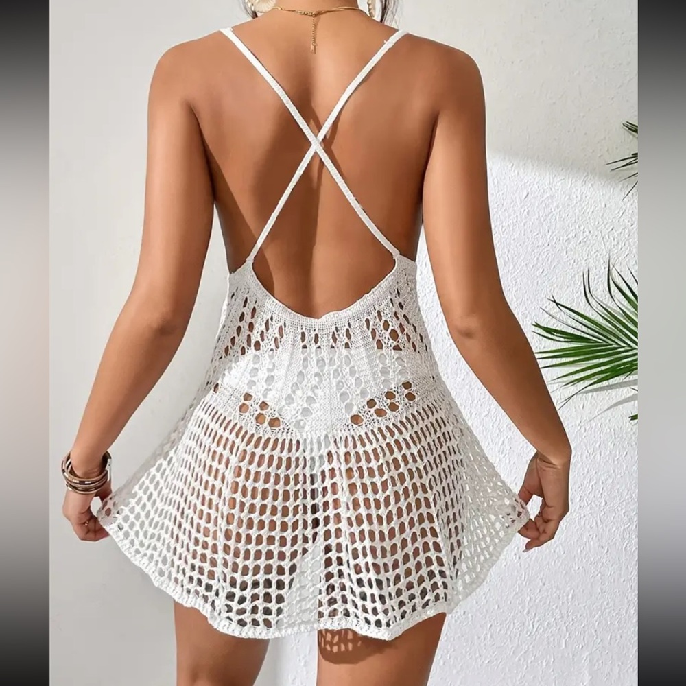 🏝️ Criss Cross Back Crochet Knit Cover-Up Dress